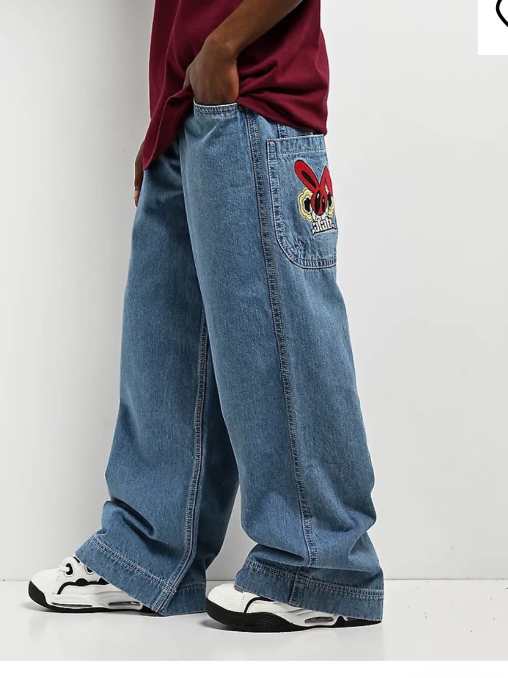 A.LAB Mega Rave Embroidered Jeans Size 30 Skater Baggy Mega Wide Leg Hip Hop Y2K